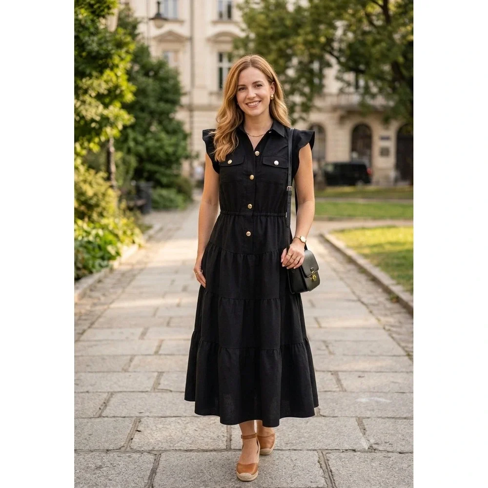 Tahari ASL Womens Black Snap Front Tiered Midi Dress Ruffle Cap Sleeve Size 2 - Picture 8 of 9